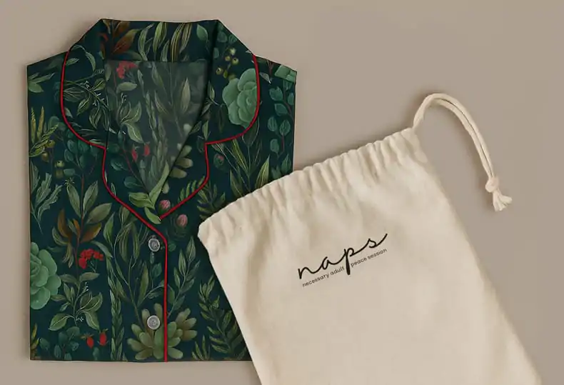 Pijama Naps estampado ao lado do saco de algodão personalizado